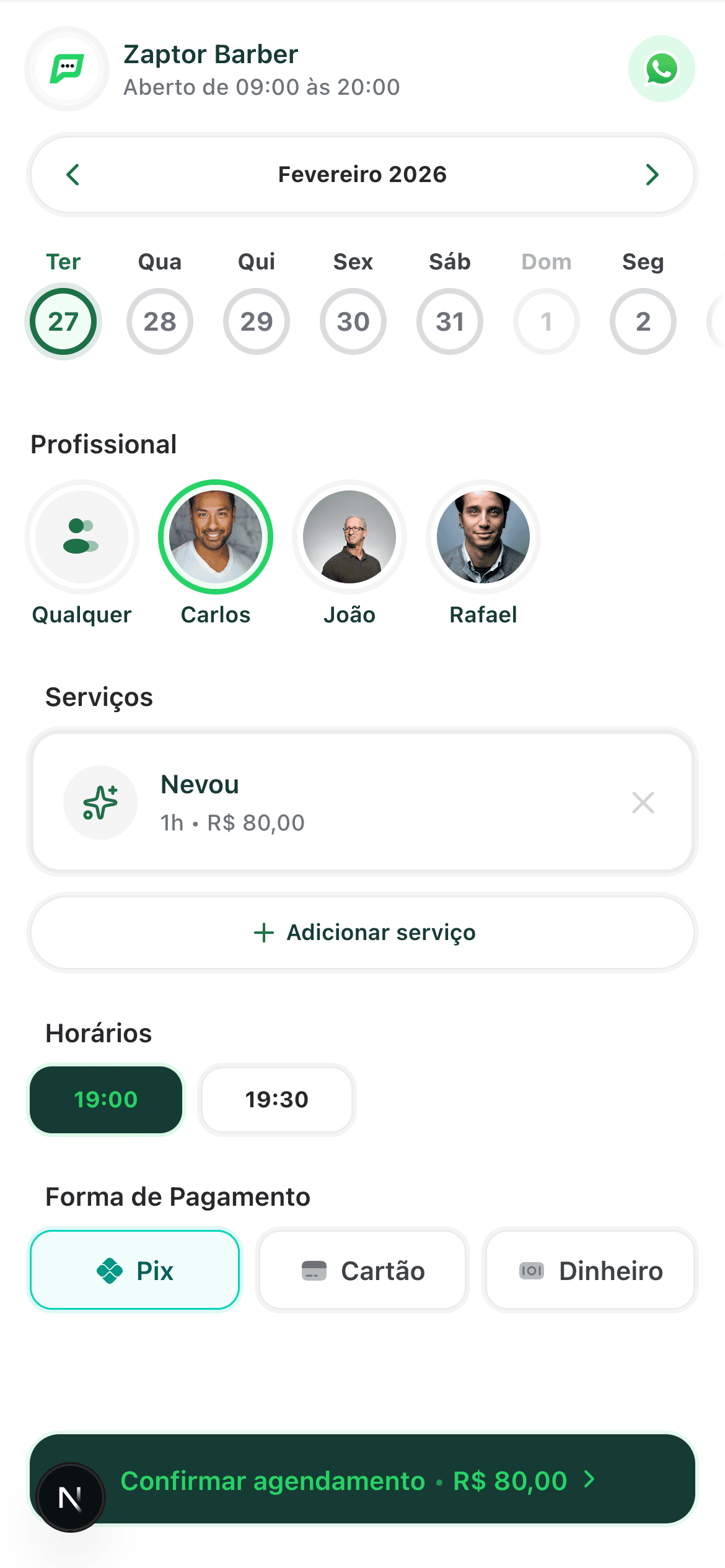 Zaptor — página pública de agendamento